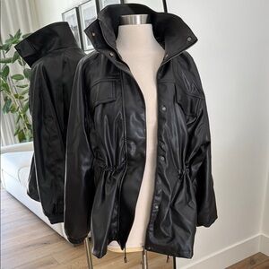 All the ways cinched waist, funnel neck, faux leather Black Women's Jacket